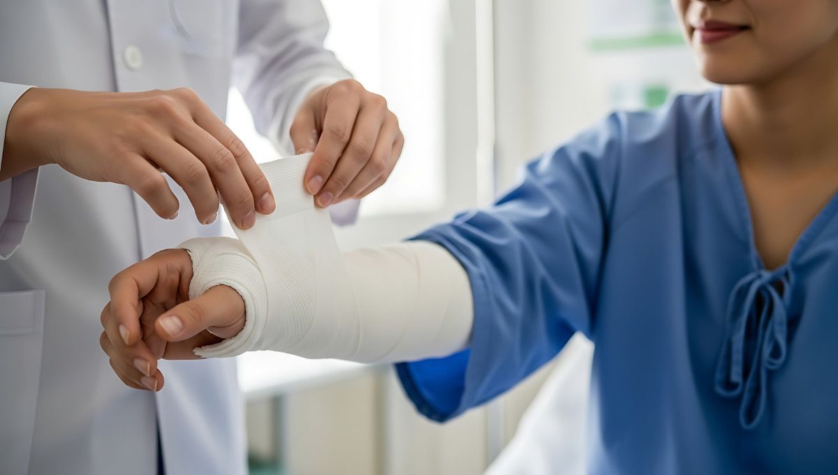 A doctor is wrapping patients hand with a bandage.