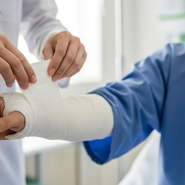 A doctor is wrapping patients hand with a bandage.