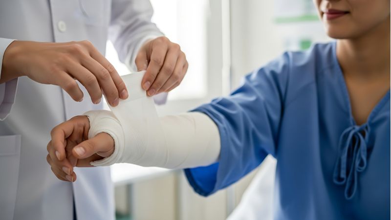 A doctor is wrapping patients hand with a bandage.